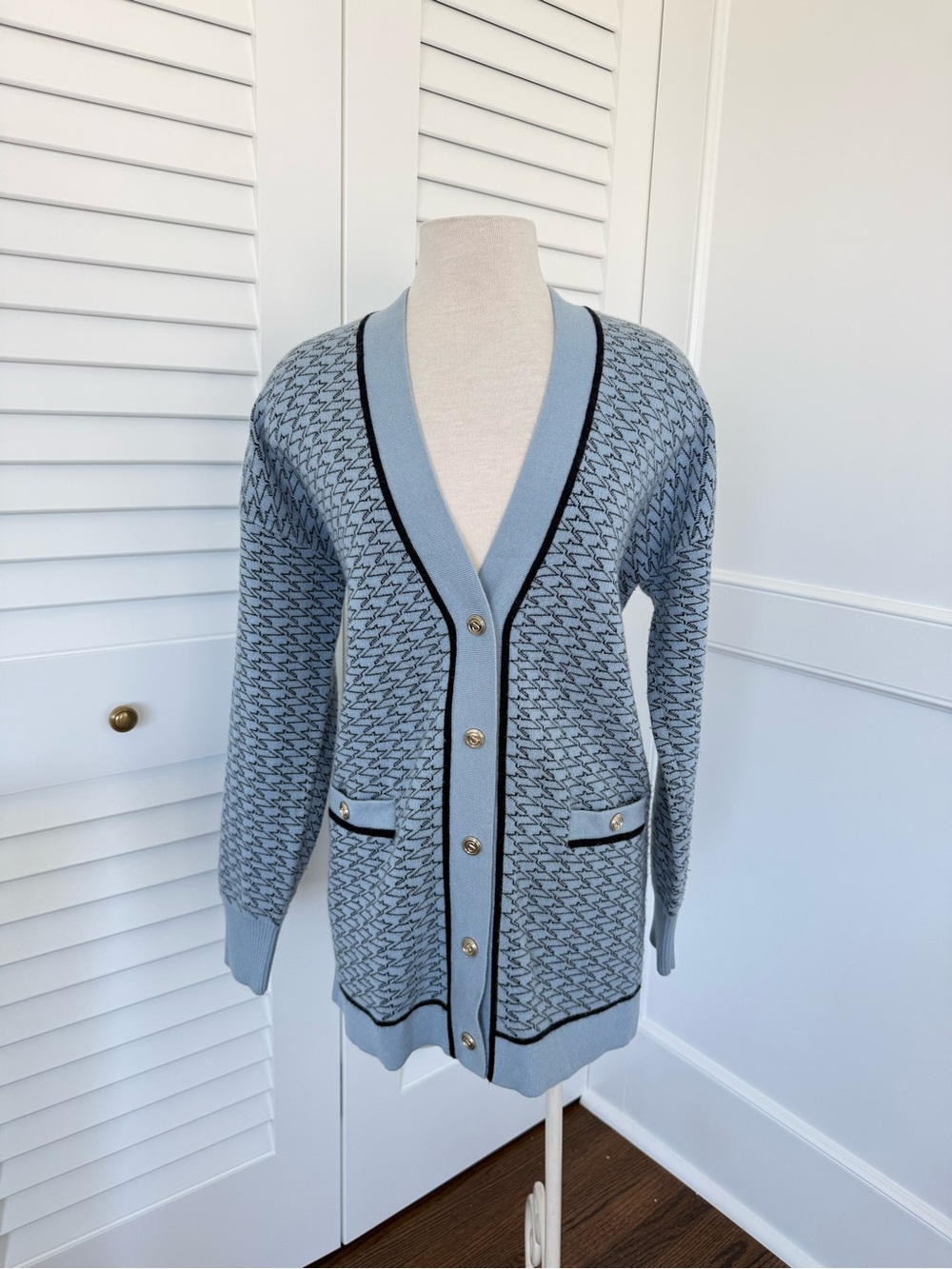 Sandro Light Blue Cardigan with Black Trim and Gold Buttons